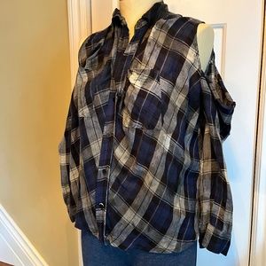 Enza Costa Cold Shoulder Plaid Button Down